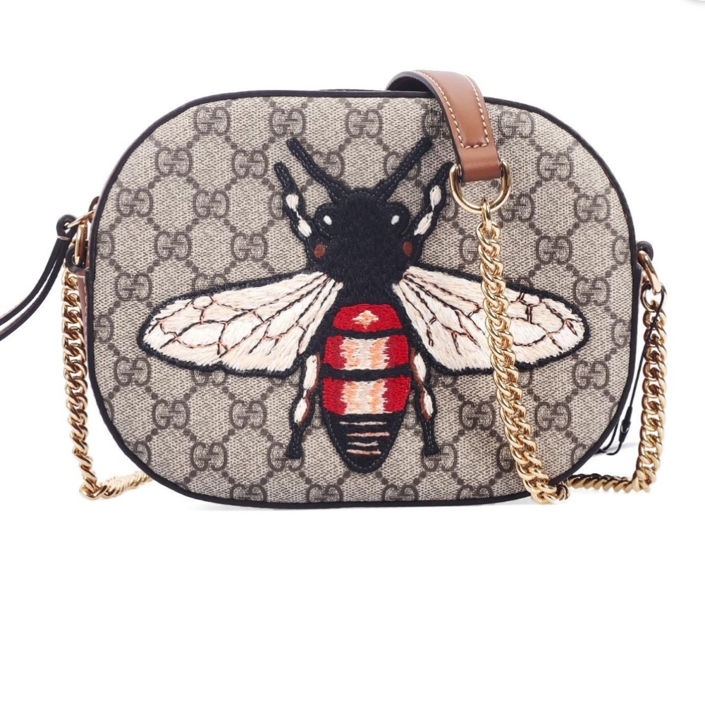 GUCCI GG Supreme Bee Embroidered Mini Chain Shoulder Bag Beige Tuscany w/COA